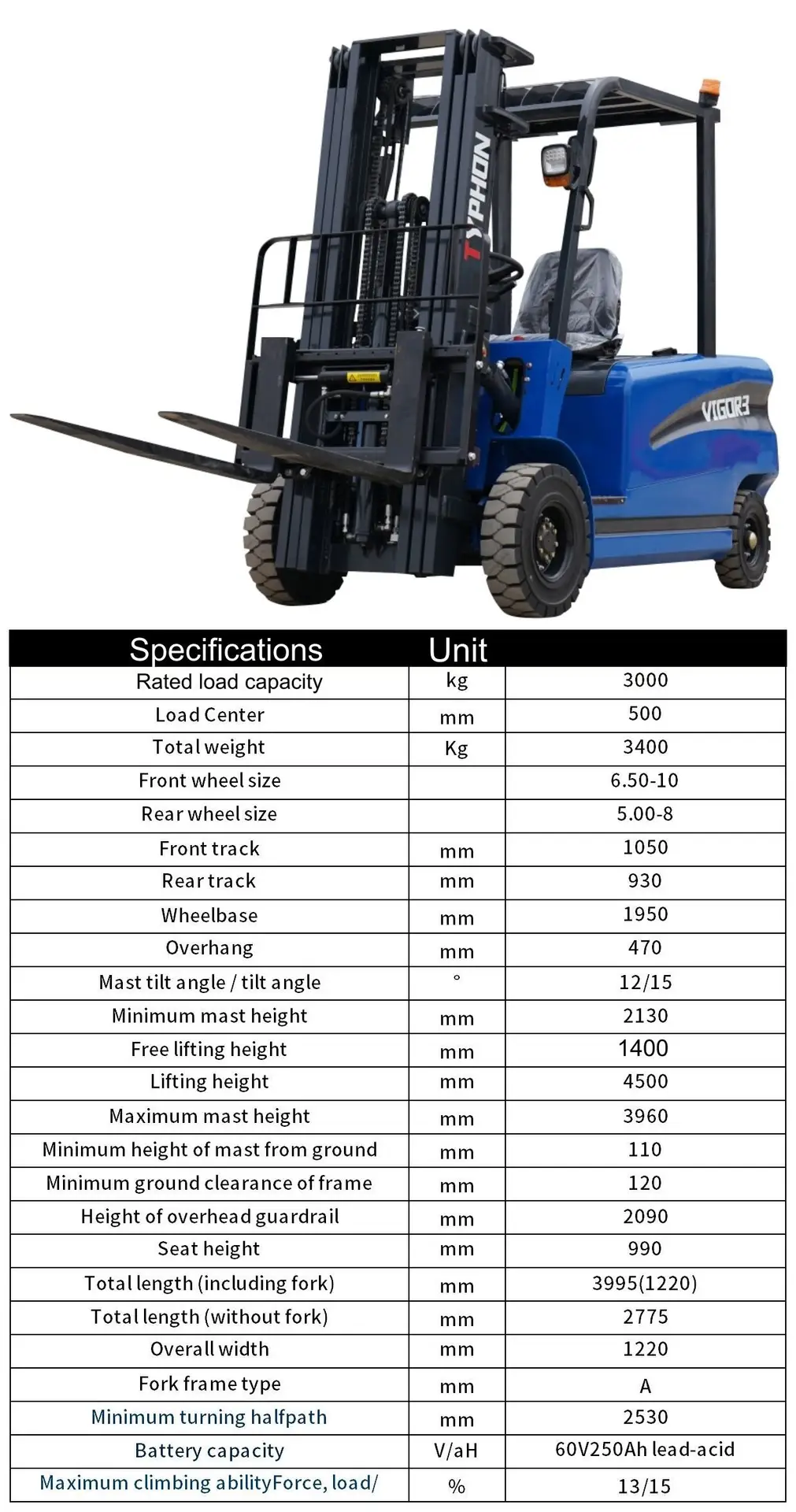 TYPHON VIGOR 3 Ton Blue Forklift - Image 2