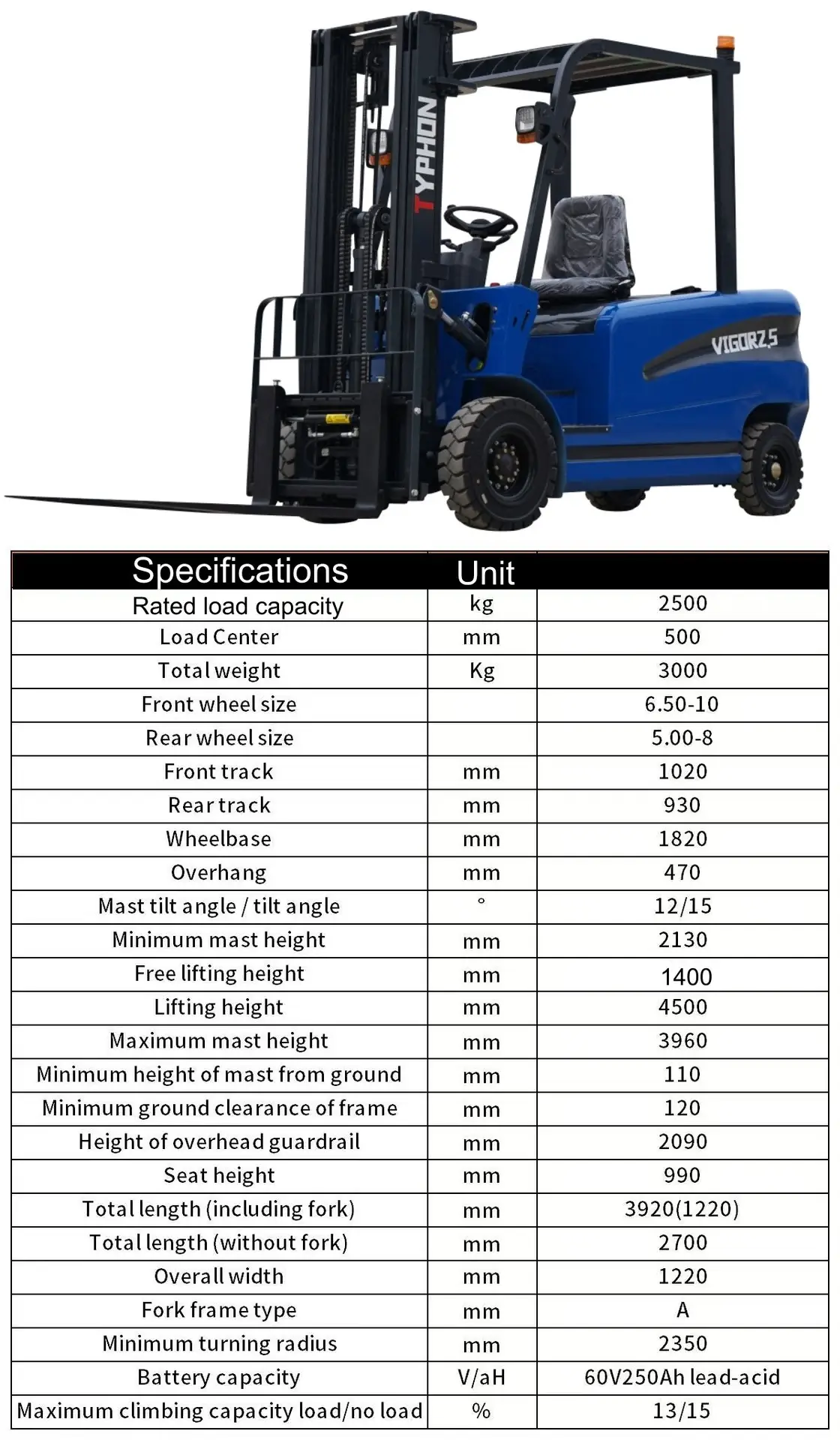 TYPHON VIGOR 2.5 Ton Blue Forklift - Image 2