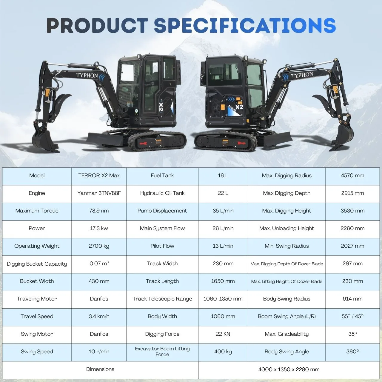 TYPHON TERROR X2 MAX 2.7-Ton Mini Excavator Powerful, Yanmar Engine, Cabin with A/C & Heater, Pilot Control, Boom Swing - Image 2