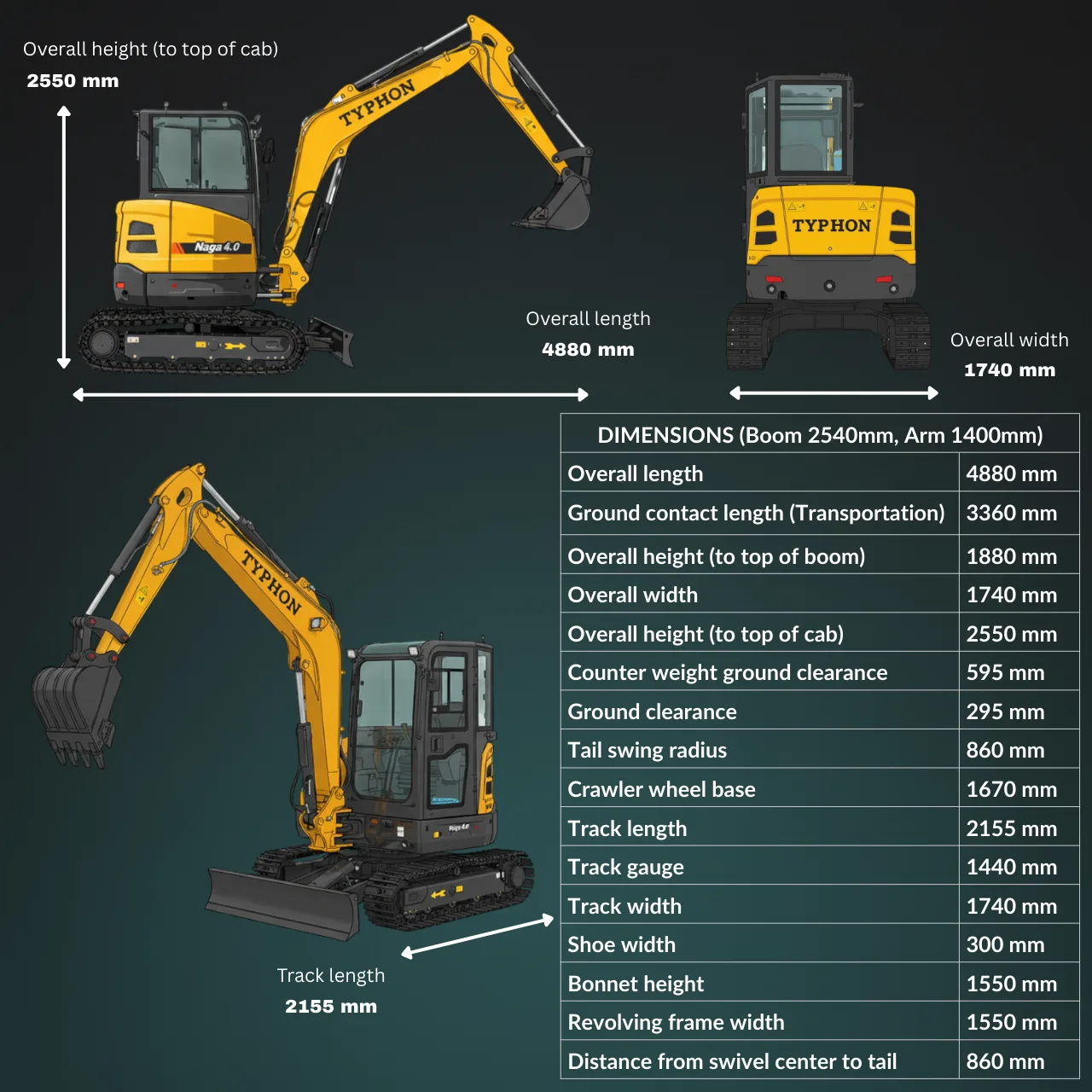 TYPHON NAGA 4.0 Mini Excavator with 4 Ton 24.4hp Yanmar Diesel Engine Metal Track ISO SAE control switch, AC Heater Cabin, 2 Travel Speed - Image 2